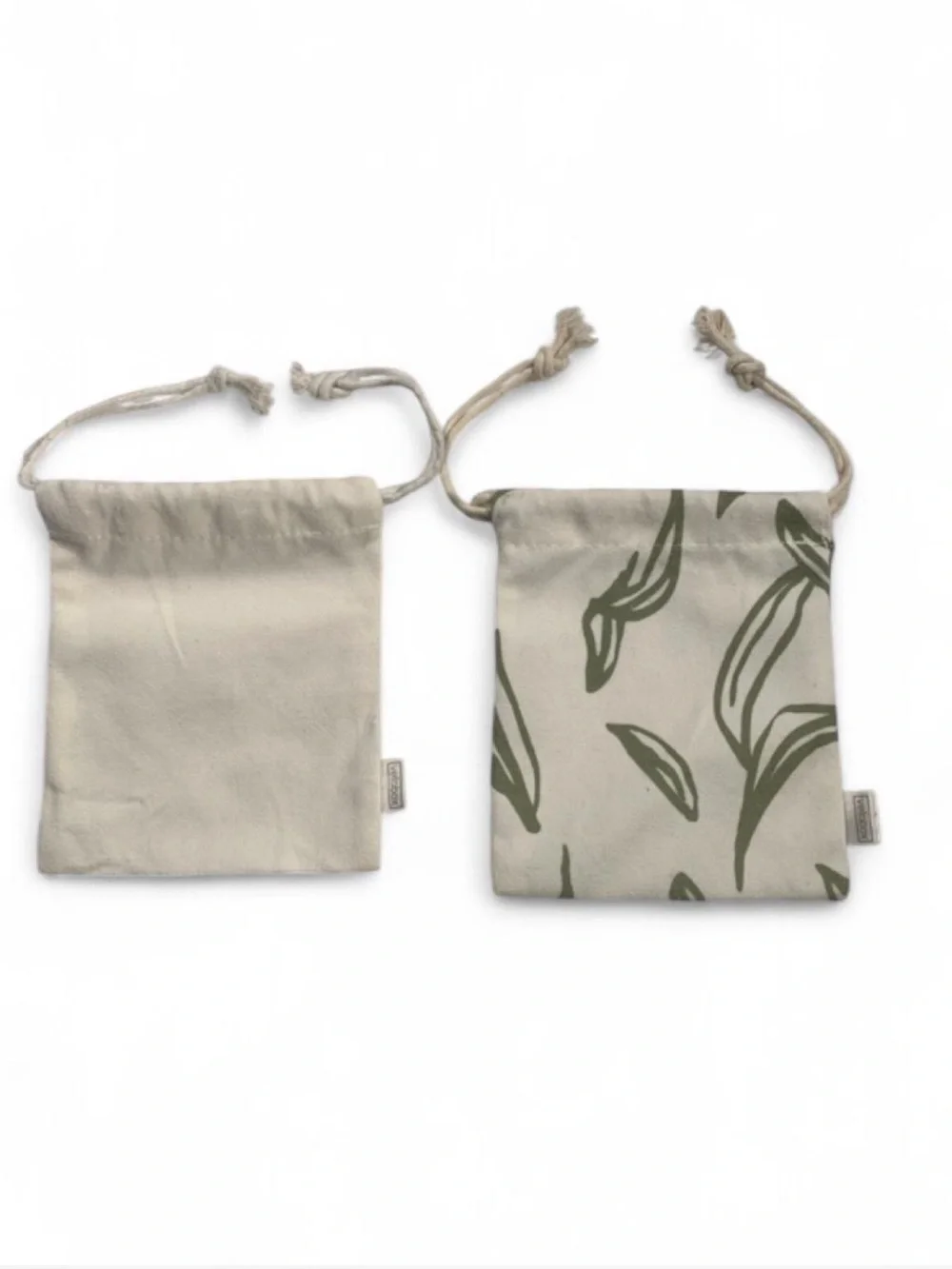 Vellabox Canvas Drawstring Pouches - White & Green Leaf Print
